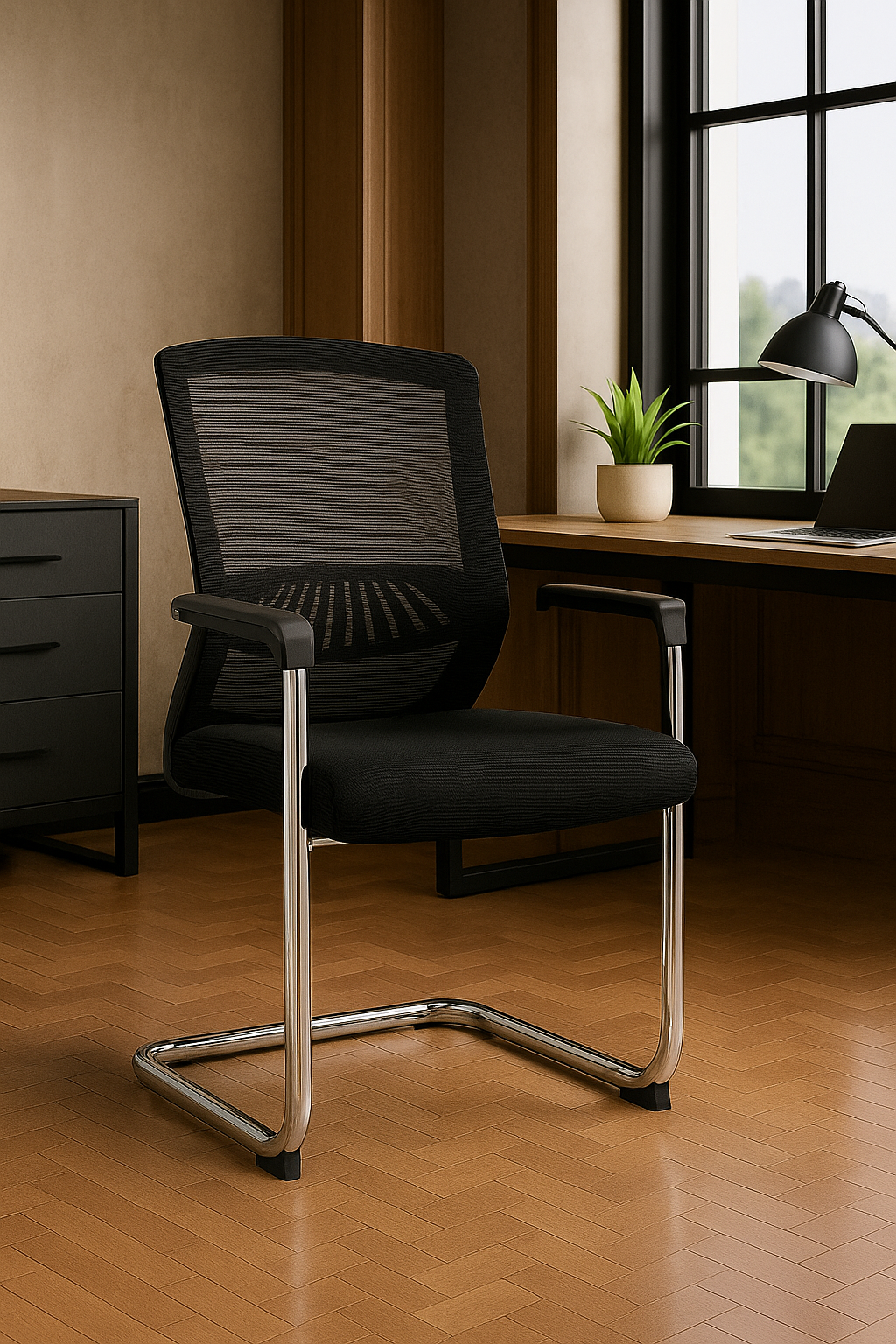 Modern Mesh Visitor Chair – Black with Chrome Cantilever Base